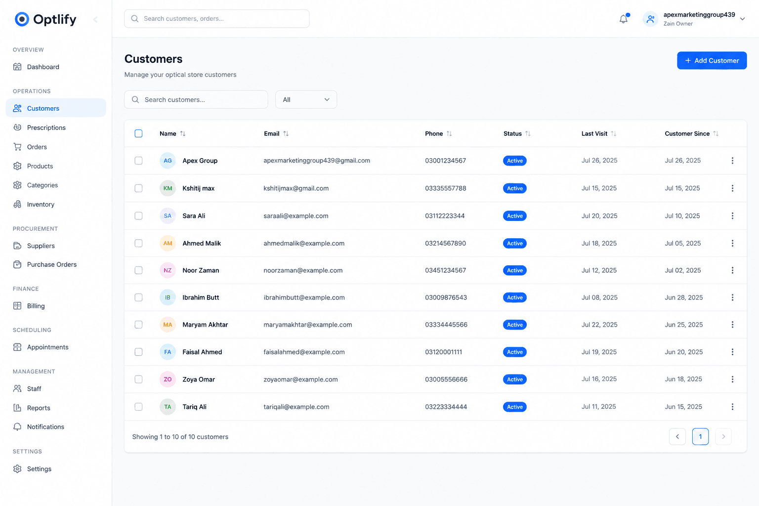Customer management dashboard
